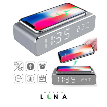 Chargeur sans fil iPhone & Samsung avec réveil et thermomètre LED