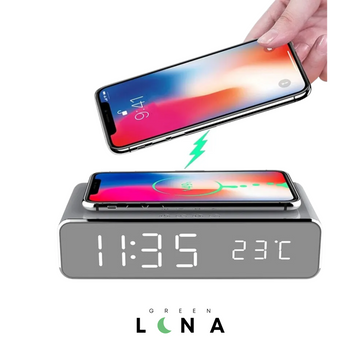 Chargeur sans fil iPhone & Samsung avec réveil et thermomètre LED